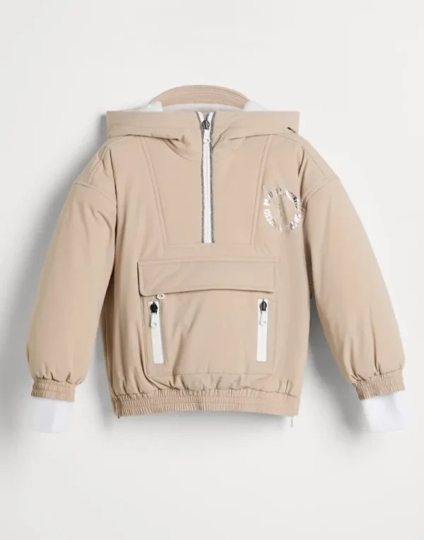 Capospalla-Brunello Cucinelli Anorak Mountain in nylon membranato con imbottitura in Thermore®, stampa e monile Beige (C9680)