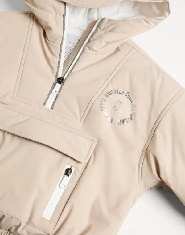 Capospalla-Brunello Cucinelli Anorak Mountain in nylon membranato con imbottitura in Thermore®, stampa e monile Beige (C9680)