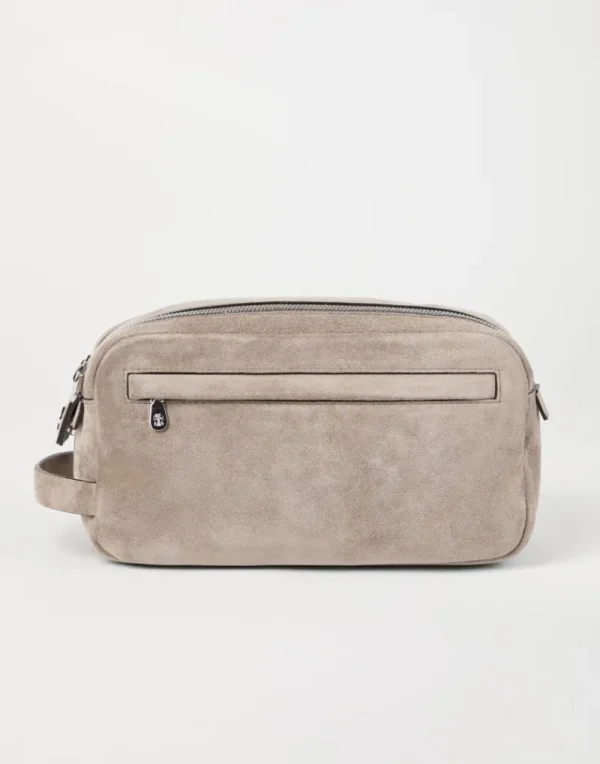 Piccola Pelletteria-Brunello Cucinelli Beauty case in camoscio con doppia zip Grigio Pietra (C1929)