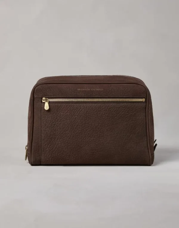 Piccola Pelletteria-Brunello Cucinelli Beauty case in nabuk con doppia zip Marrone (C1035)