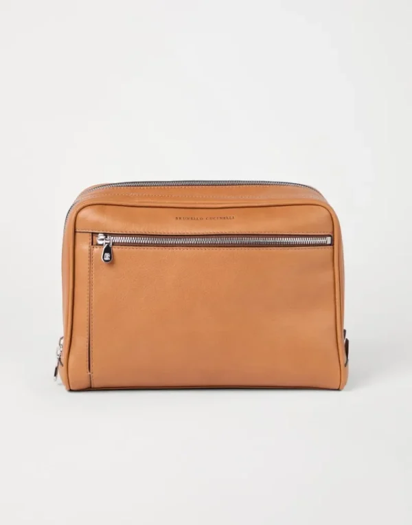 Piccola Pelletteria-Brunello Cucinelli Beauty case in vacchetta con doppia zip Cognac (C001)