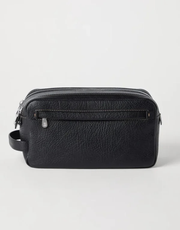 Piccola Pelletteria-Brunello Cucinelli Beauty case in vitello con grana con doppia zip Nero (C101)