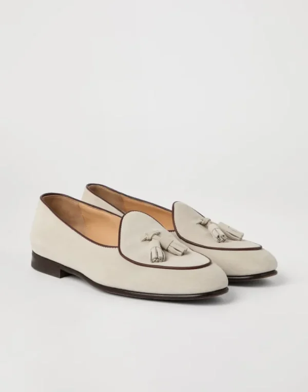 Mocassini-Brunello Cucinelli Belgian Loafer in camoscio con nappi Avena (C2720)