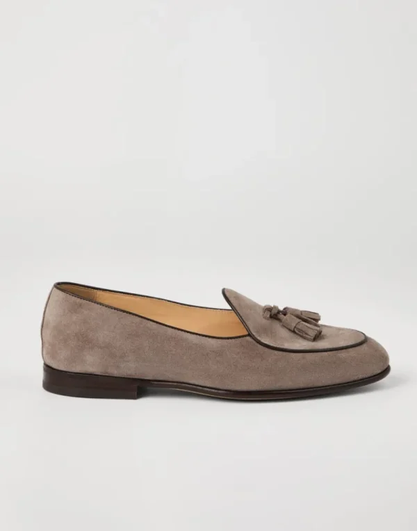 Mocassini-Brunello Cucinelli Belgian Loafer in camoscio con nappi Grigio (C2637)