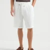 Pantaloni-Brunello Cucinelli Bermuda in gabardina di lino tinto capo con coulisse e pince Bianco (C2200)