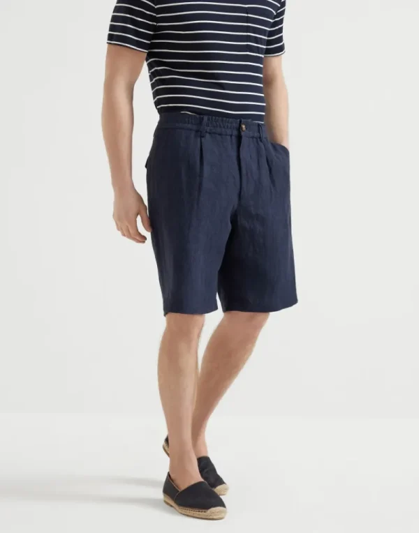 Pantaloni-Brunello Cucinelli Bermuda pull-up in tela leggera di lino délavé Azzurro (C018)