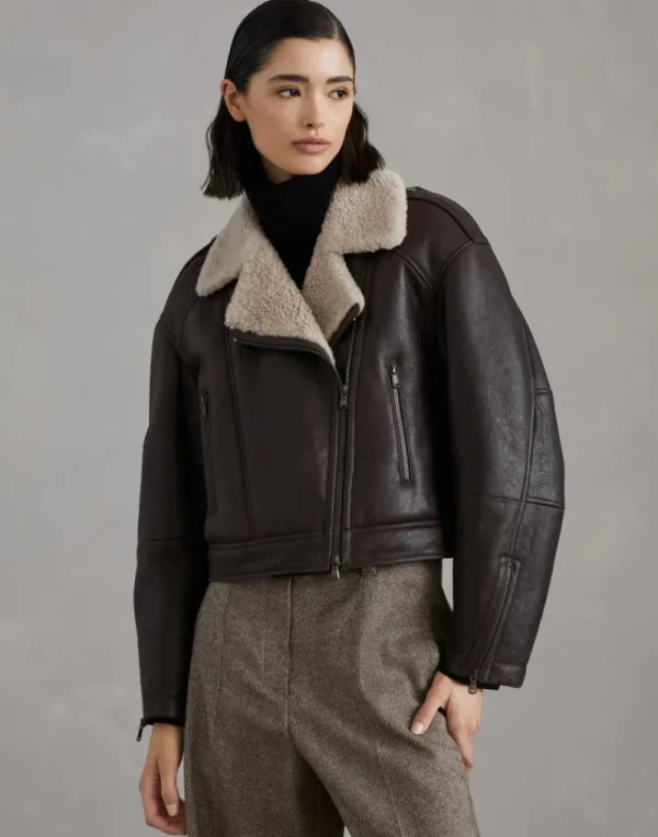 Capospalla-Brunello Cucinelli Biker in shearling cerato con Shiny Details Cioccolato (C1847)