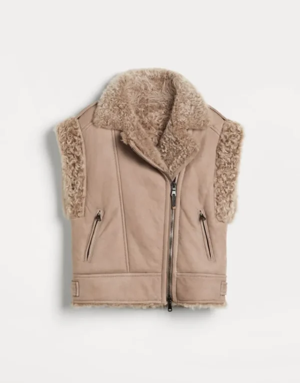 Capospalla-Brunello Cucinelli Biker senza maniche in shearling Fleecy con monile Rosa (C9972)