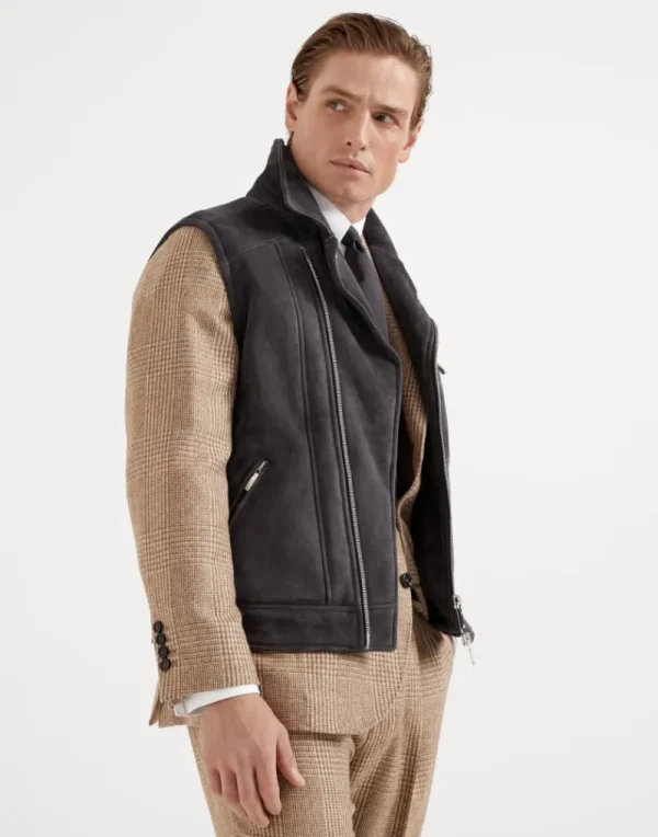 Capospalla-Brunello Cucinelli Biker senza maniche in shearling scamosciato Antracite (C1897)