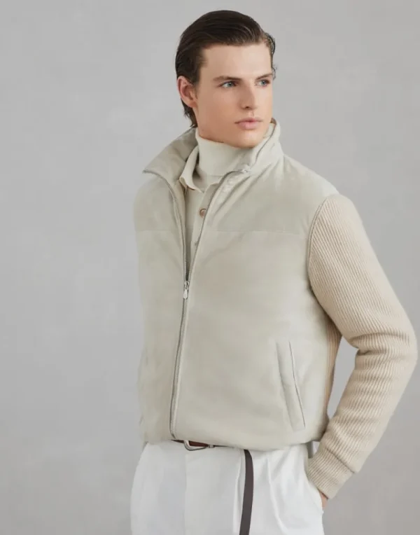 Capospalla-Brunello Cucinelli Bomber in camoscio con maniche in maglia di cashmere e imbottitura in Thermore® Naturale (CBP53)