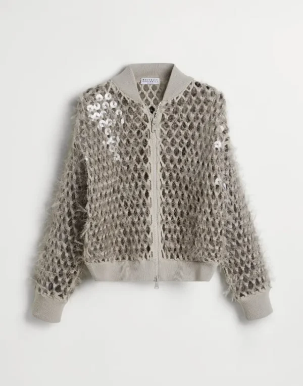 Maglieria-Brunello Cucinelli Bomber in maglia Dazzling Mosaic Embroidery di cotone Grigio Chiaro (C9593)