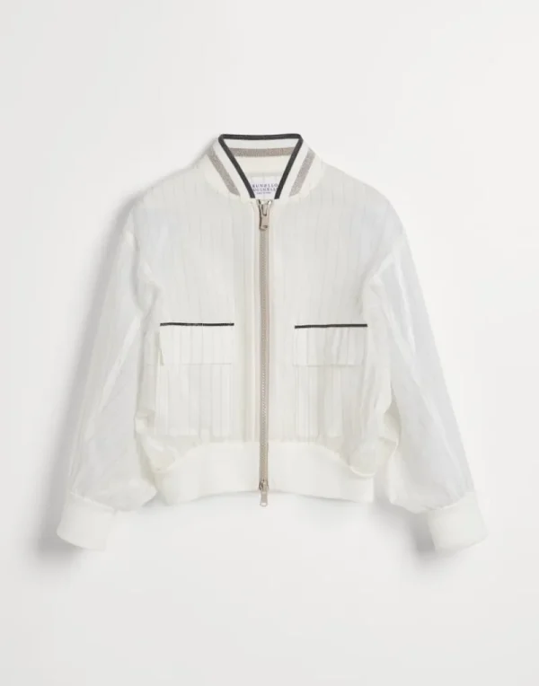 Travelwear-Brunello Cucinelli Bomber in organza gessata di cotone con monile Bianco (C860)