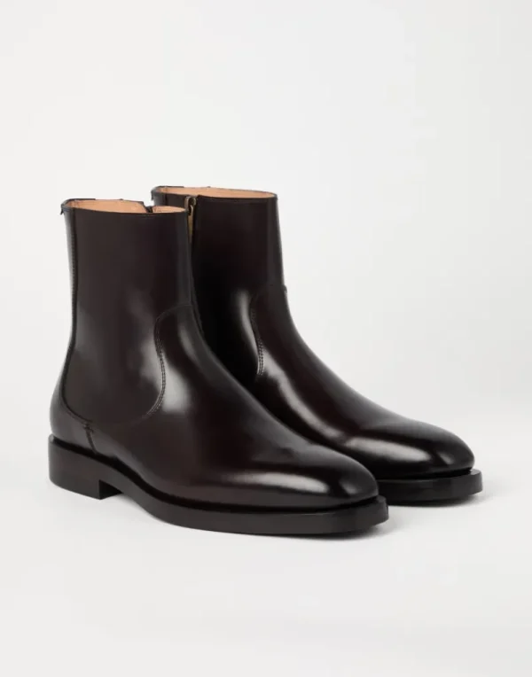 Boots-Brunello Cucinelli Boot in vitello lucido con zip Marrone (C7431)