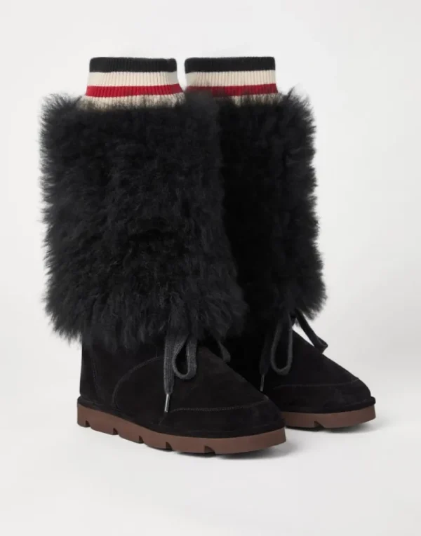 Stivali-Brunello Cucinelli Boot Mountain in camoscio e maglia di cashmere con inserti in shearling Nero (C101)