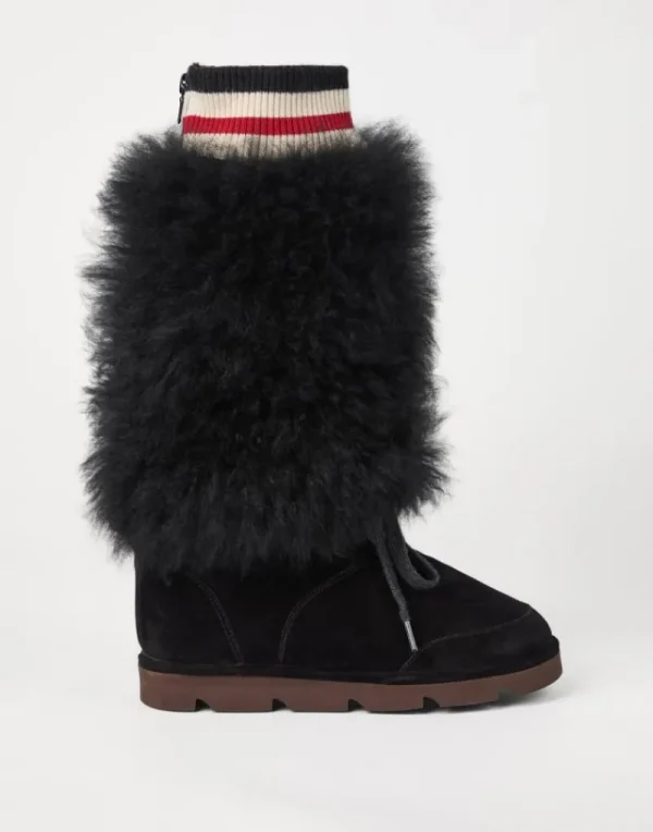 Stivali-Brunello Cucinelli Boot Mountain in camoscio e maglia di cashmere con inserti in shearling Nero (C101)