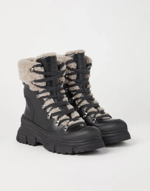 Stivali-Brunello Cucinelli Boot Mountain in vitello mat e shearling con Shiny Detail Nero (C101)