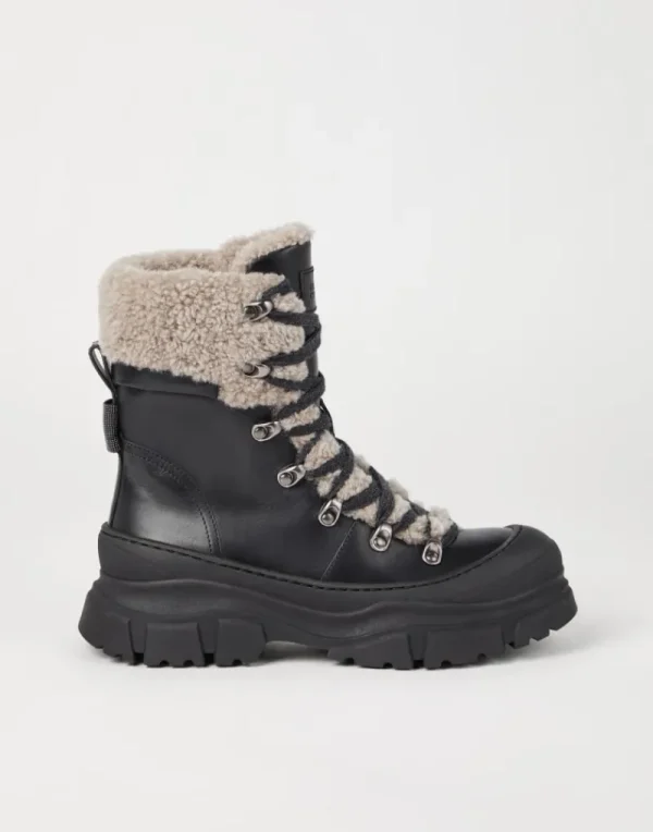 Stivali-Brunello Cucinelli Boot Mountain in vitello mat e shearling con Shiny Detail Nero (C101)