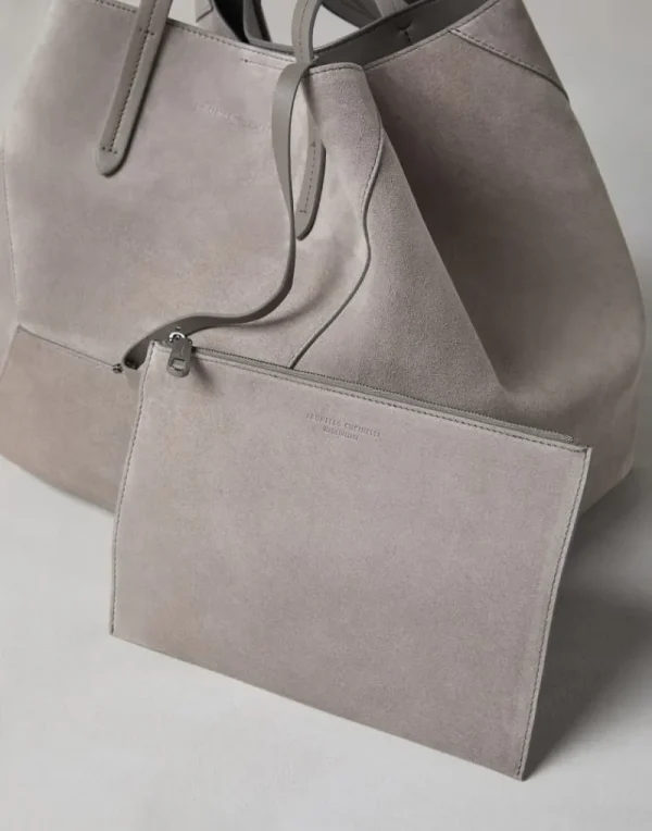 Borse A Mano & Shopper-Brunello Cucinelli Borsa BC Duo in camoscio con monile Grigio Chiaro (C8195)