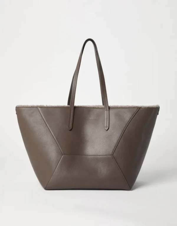 Borse A Mano & Shopper-Brunello Cucinelli Borsa BC Duo in pelle Classic con fodera in shearling e monile Fango (C1099)