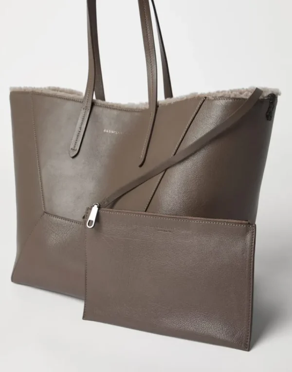 Borse A Mano & Shopper-Brunello Cucinelli Borsa BC Duo in pelle Classic con fodera in shearling e monile Fango (C1099)