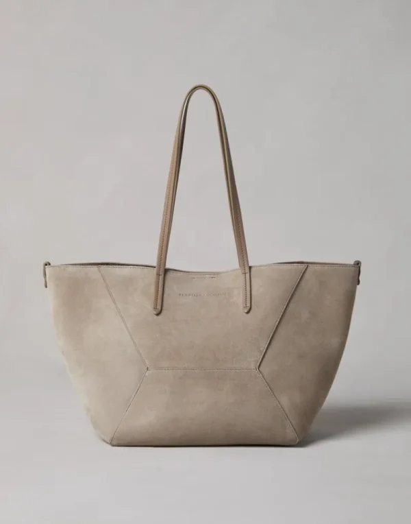 Borse A Mano & Shopper-Brunello Cucinelli Borsa BC Duo piccola in camoscio con monile Grigio Chiaro (C5859)