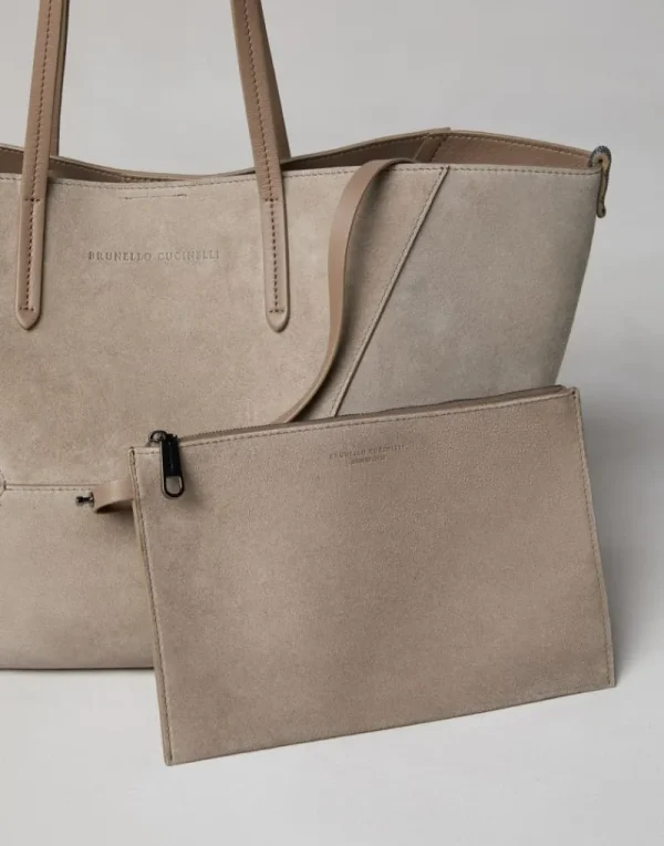 Borse A Mano & Shopper-Brunello Cucinelli Borsa BC Duo piccola in camoscio con monile Grigio Chiaro (C5859)