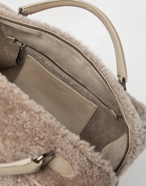 Borse A Mano & Shopper-Brunello Cucinelli Borsa Boston Explorer in shearling Curly Tortora (C7890)