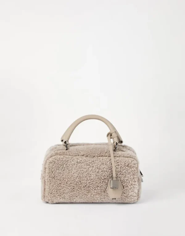 Borse A Mano & Shopper-Brunello Cucinelli Borsa Boston Explorer piccola in shearling Curly Tortora (C7890)