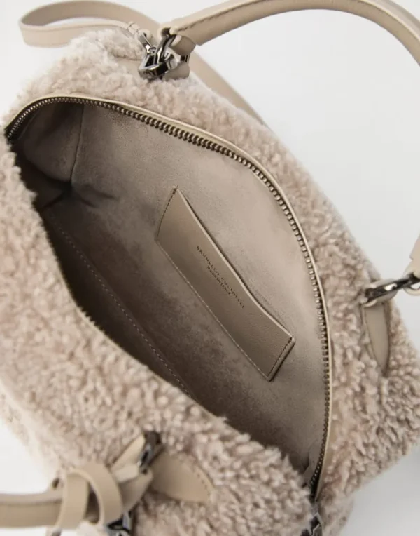 Borse A Mano & Shopper-Brunello Cucinelli Borsa Boston Explorer piccola in shearling Curly Tortora (C7890)