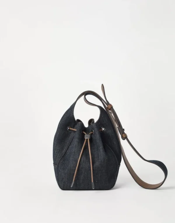 Borse A Tracolla & Zaini-Brunello Cucinelli Borsa Bucket BC Duo piccola in denim no fade Denim Scuro (C001)