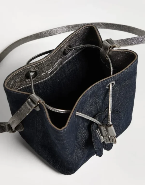 Borse-Brunello Cucinelli Borsa Bucket in denim no fade con patch Off-White (C001)