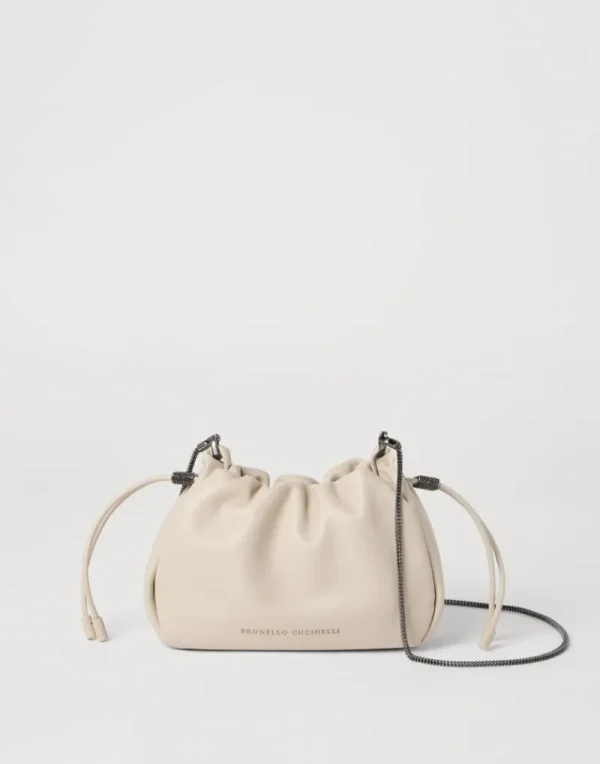 Borse A Tracolla & Zaini-Brunello Cucinelli Borsa Bucket Mellow mini in pelle Soft con Precious Chain Avorio (C8905)