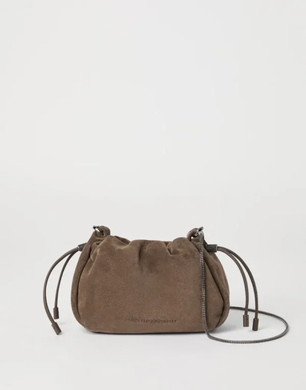 Borse A Tracolla & Zaini-Brunello Cucinelli Borsa Bucket Mellow mini in camoscio con Precious Chain Taupe (C8187)