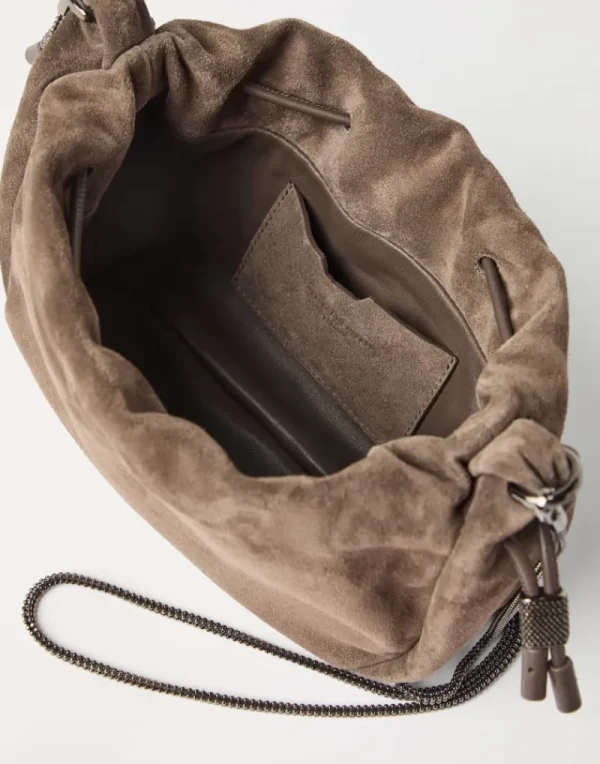 Borse A Tracolla & Zaini-Brunello Cucinelli Borsa Bucket Mellow mini in camoscio con Precious Chain Taupe (C8187)