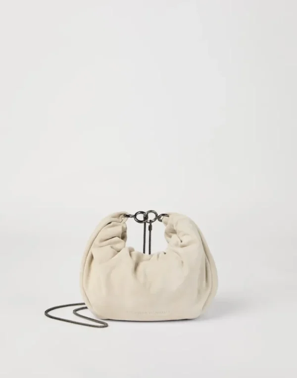 Borse A Tracolla & Zaini-Brunello Cucinelli Borsa Hobo Brioche in camoscio con Precious Chain Avorio (C8905)