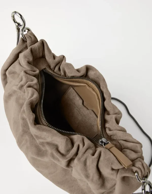 Borse A Tracolla & Zaini-Brunello Cucinelli Borsa Hobo Brioche in camoscio con Precious Chain Taupe (C2657)