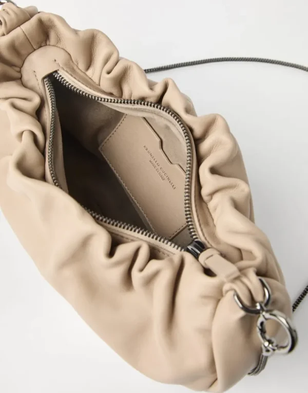 Borse A Tracolla & Zaini-Brunello Cucinelli Borsa Hobo Brioche in pelle Soft con Precious Chain Beige (C3251)