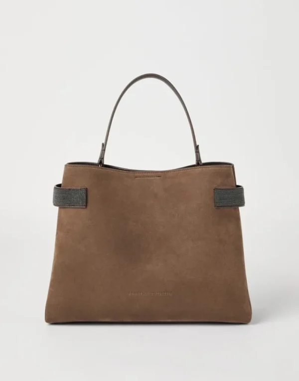 Borse A Mano & Shopper-Brunello Cucinelli Borsa Top-Handle Essence in camoscio con Precious Bands Marrone (C8769)