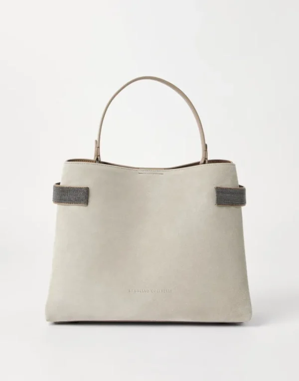 Borse A Mano & Shopper-Brunello Cucinelli Borsa Top-Handle Essence in camoscio con Precious Bands Taupe (C2657)