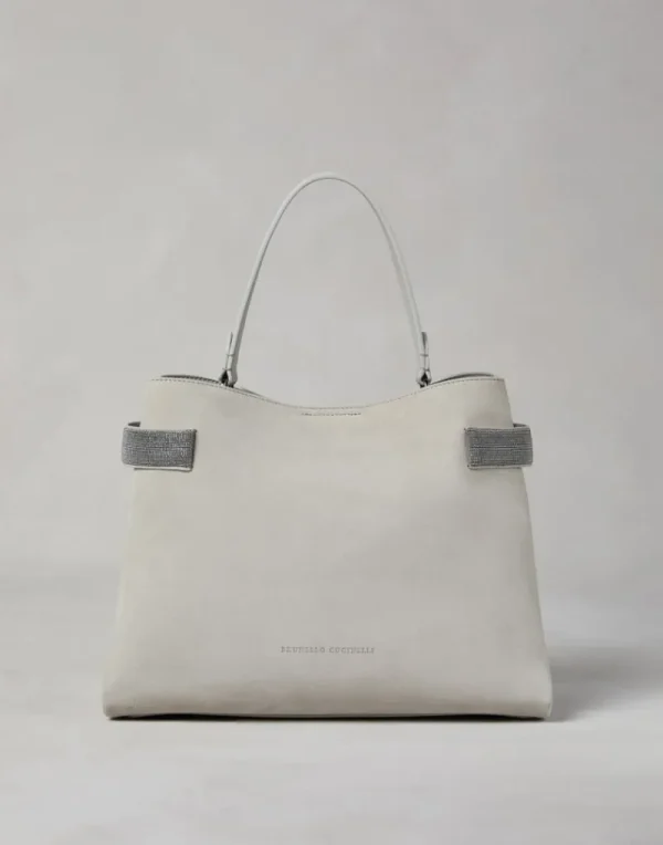 Borse A Tracolla & Zaini-Brunello Cucinelli Borsa Top-Handle Essence in camoscio con Precious Bands Grigio Chiaro (C9593)