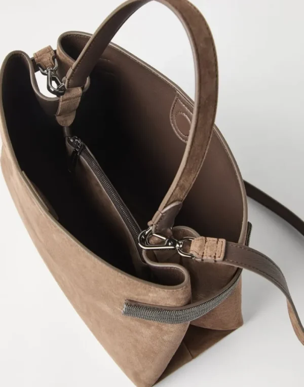 Borse A Mano & Shopper-Brunello Cucinelli Borsa Top-Handle Essence in camoscio con Precious Bands Marrone (C8769)