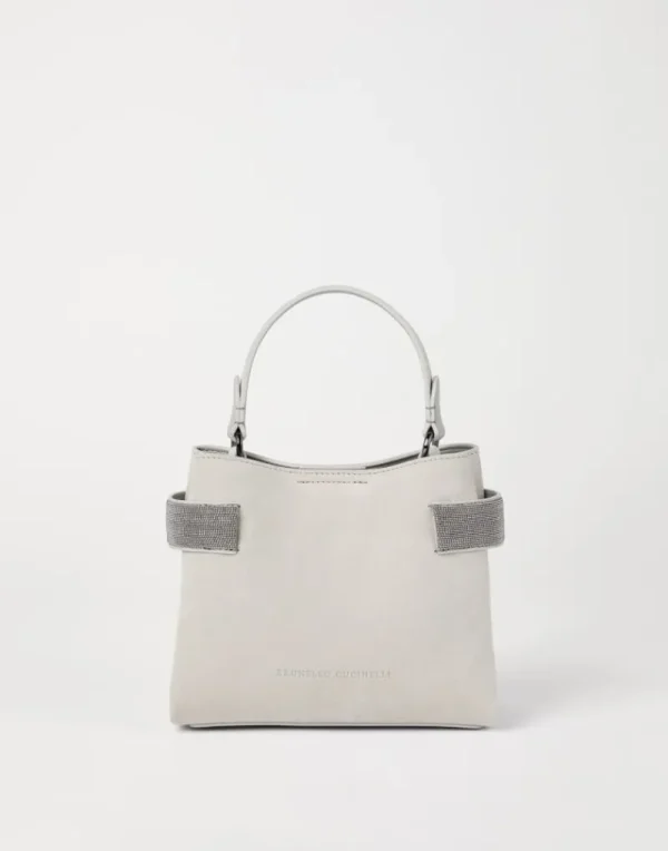 Borse A Tracolla & Zaini-Brunello Cucinelli Borsa Top-Handle Essence piccola in camoscio con Precious Bands Grigio Chiaro (C9593)