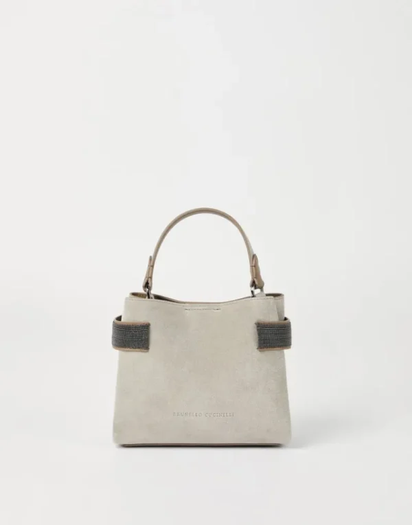 Borse A Tracolla & Zaini-Brunello Cucinelli Borsa Top-Handle Essence piccola in camoscio con Precious Bands Taupe (C2657)