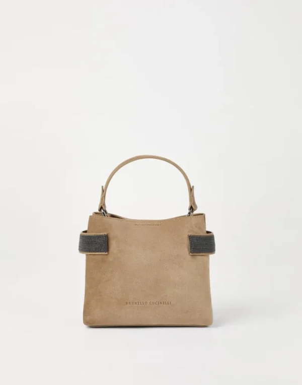 Borse A Tracolla & Zaini-Brunello Cucinelli Borsa Top-Handle Essence piccola in camoscio con Precious Bands Marrone (C7495)