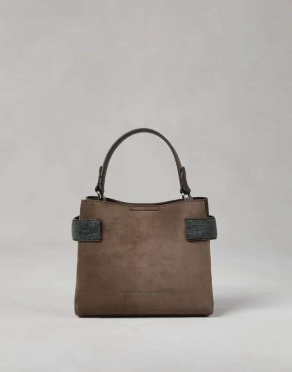 Borse A Tracolla & Zaini-Brunello Cucinelli Borsa Top-Handle Essence piccola in camoscio con Precious Bands Corteccia (C8769)