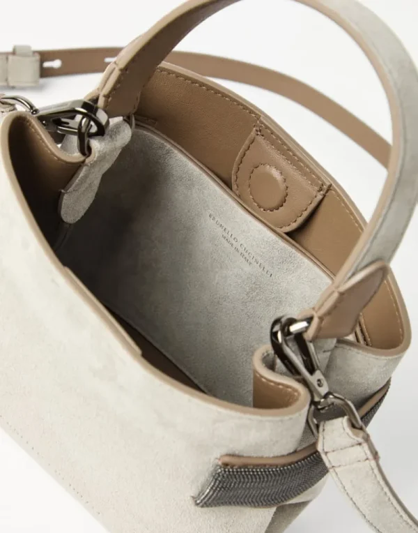 Borse A Tracolla & Zaini-Brunello Cucinelli Borsa Top-Handle Essence piccola in camoscio con Precious Bands Taupe (C2657)