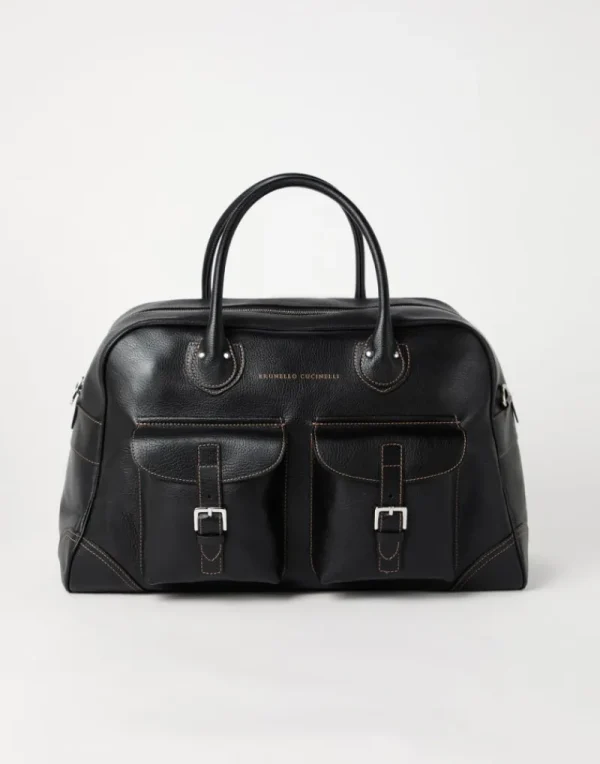 Borse-Brunello Cucinelli Borsa Weekender in vitello con grana Nero (C101)