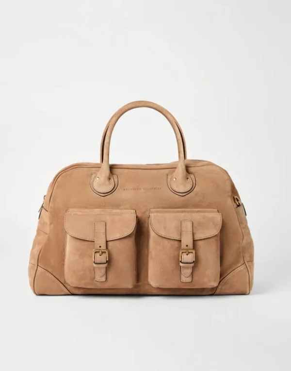 Borse-Brunello Cucinelli Borsa Weekender in vitello rovesciato Biscotto (C2683)