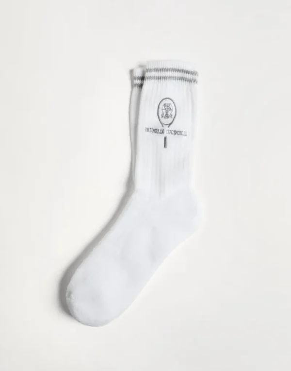 Accessori-Brunello Cucinelli Calzini in cotone a coste con logo Tennis Grigio (CW335)