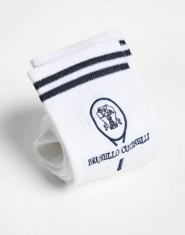 Accessori-Brunello Cucinelli Calzini in cotone a coste con logo Tennis Blu Navy (CV420)